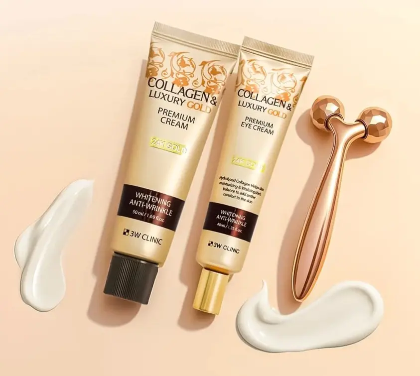 3WClinic – Collagen Luxury Gold Wrinkle Solution Premium 2pc Skincare Set with massage roller. Roller help increased circulation to firm up skin and promote brighter complexion