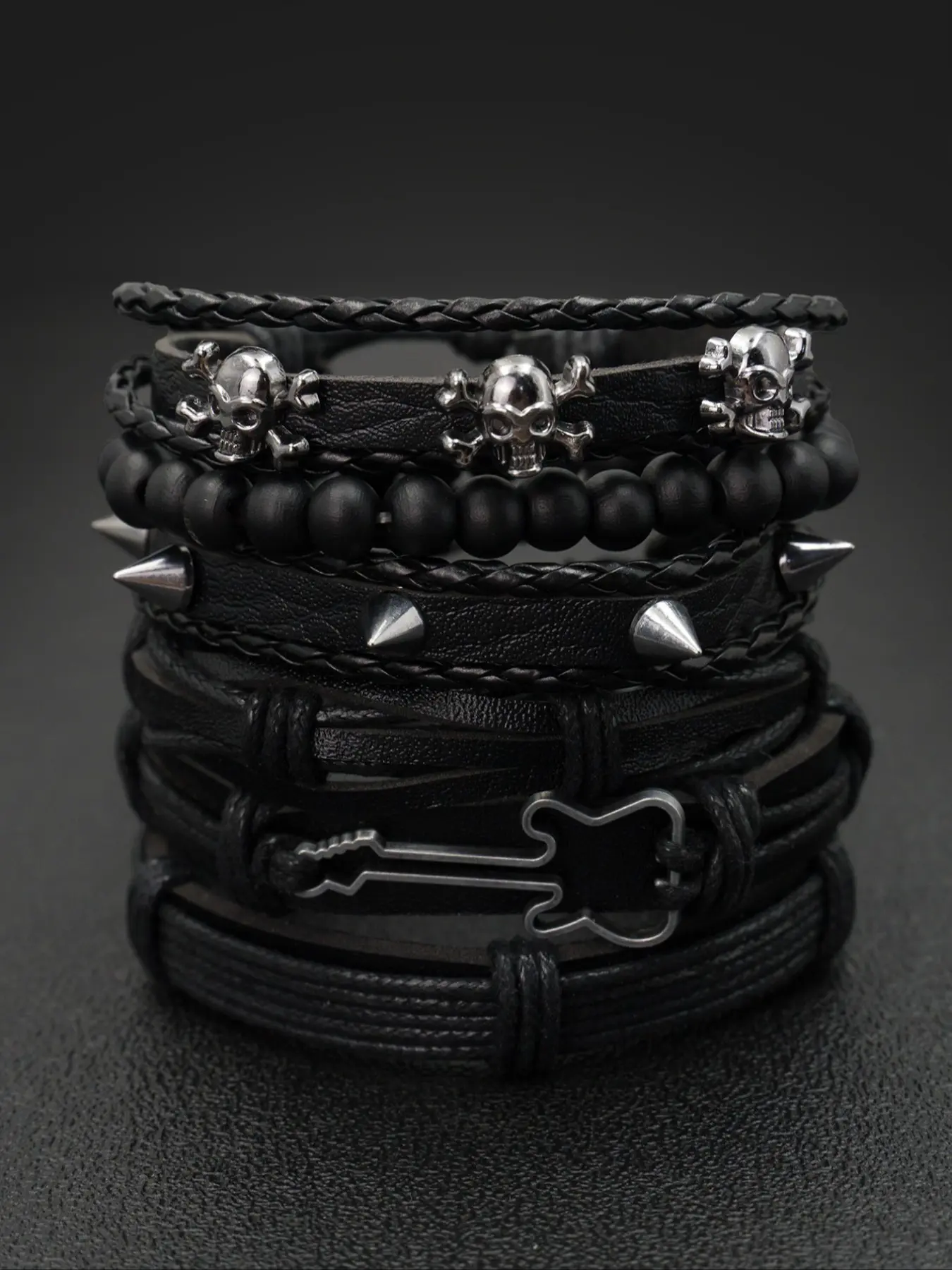 6pcs/set Punk Style Wooden Beads PU Leather Woven Bracelets, Beaded Braided Bracelet, Stackable Bracelet, Adjustable Bracelet, Beaded Bracelets, Gothic Rivet Accessories, Unisex Daily Wear, Halloween Gift