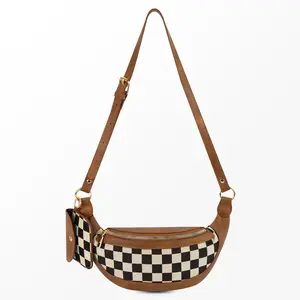 Women's Checkered Crossbody Bag Retro Simple Waist Bag PU Leather Shoulder Bag Fanny Pack with Plaid Small Wallet
