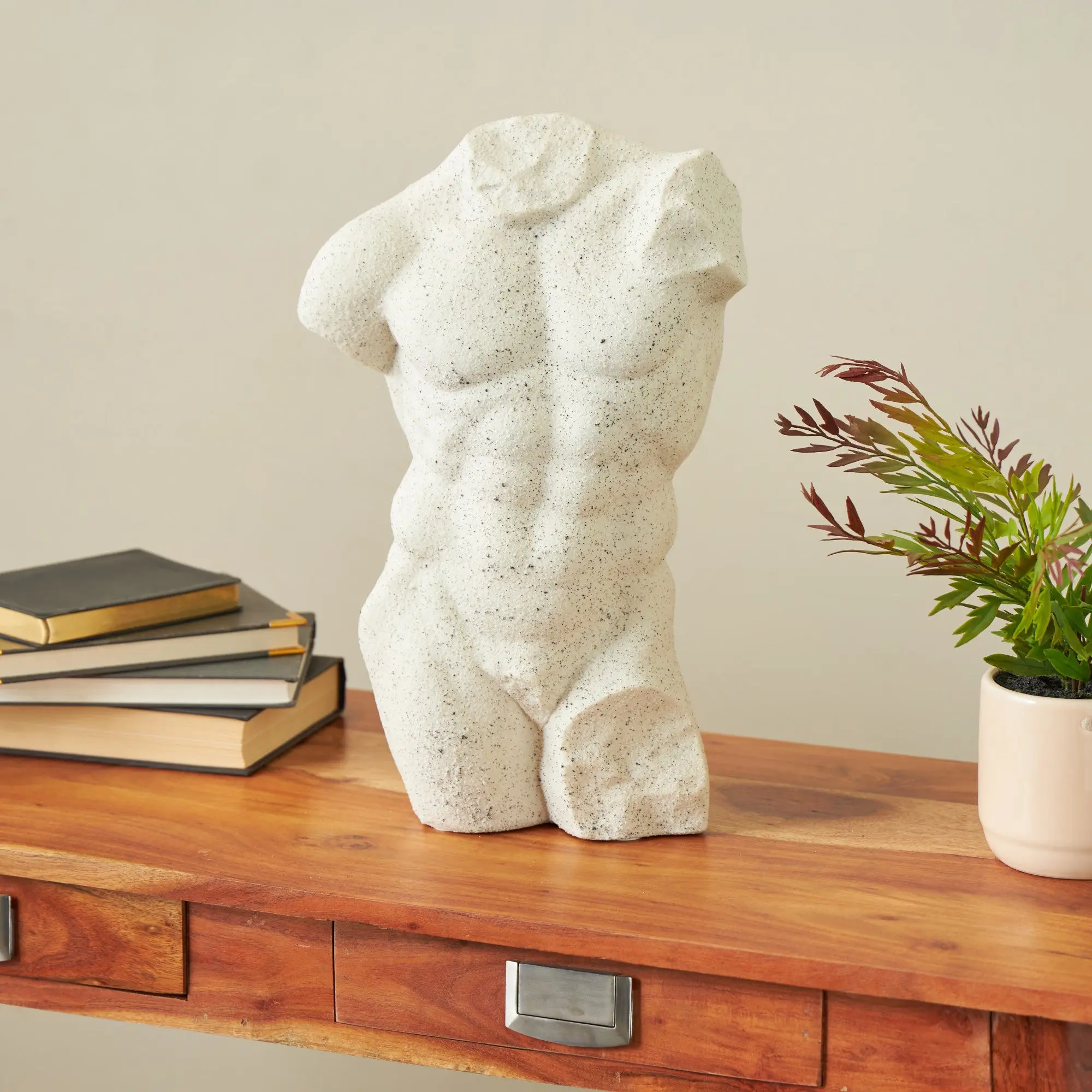 Modern White Polystone Textured Male Figure with Black Speckles - Indoor Home Decor Statue, Table Decor, Rubber-Fitted, Felt Stoppers Included, Single Carton Packaged, Ideal Gift for Home Enthusiasts