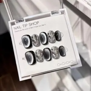 10pcs high-end Grey cat's eye small diamonds handmade Glossy False Nails, Short dark-colored nail decoration patches for girls