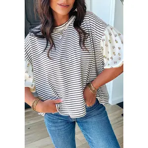 Black Stripe Floral Puff Sleeve Patchwork Round Neck Loose Top