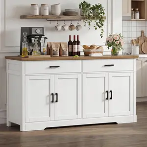 47.2" Kitchen Storage Cabinet, Farmhouse Sideboard Buffet Cabinet with 2 Drawers & 4 Doors, White Coffee Bar Cabinet , Wood Top Console Table for Dining Room, Living Room