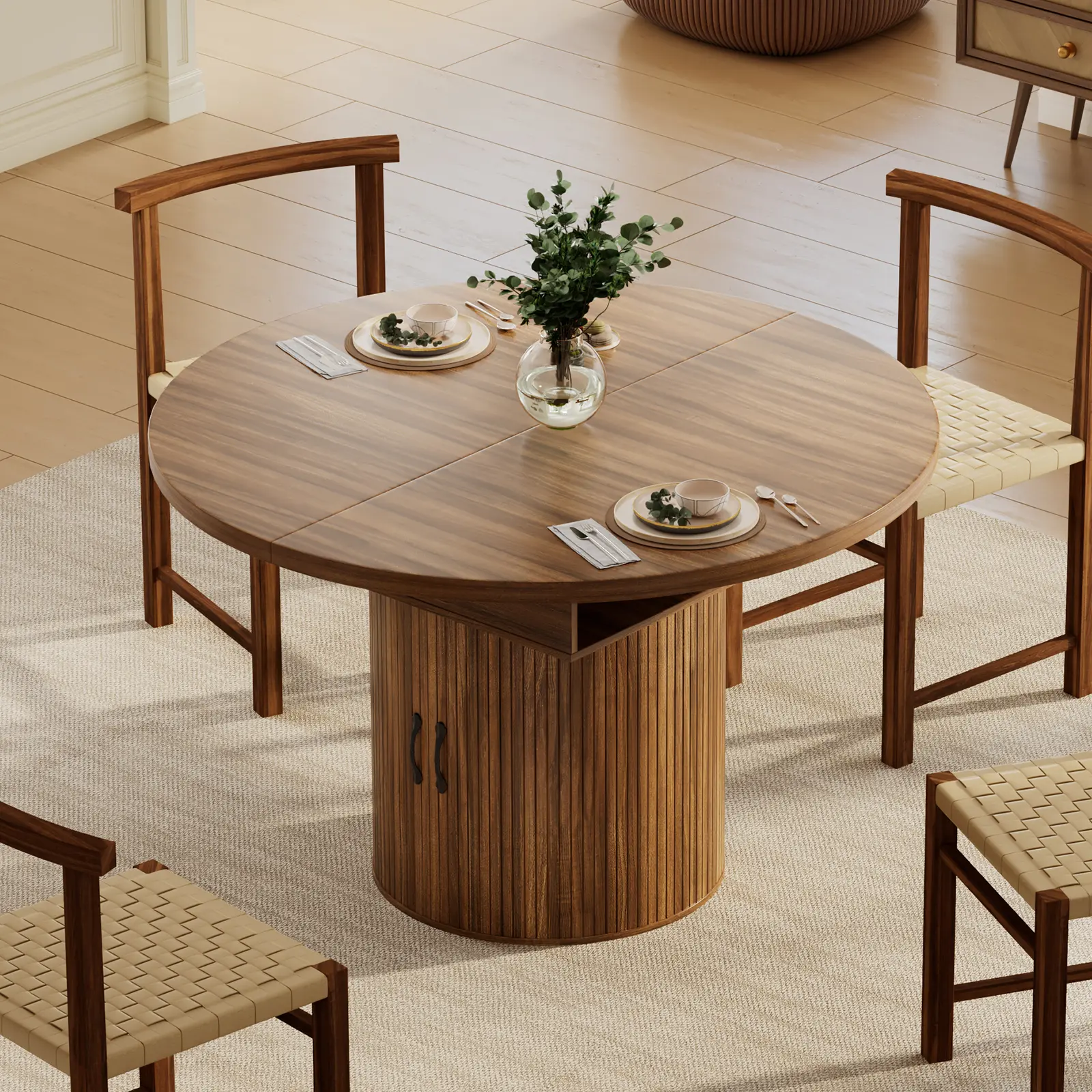 FUSOU 43'' to 59'' Extendable Round Dinning Table for 4-6-8, Dinning Room Kitchen Table with Storage, 43''-59'' Oval Circle Dinner Table with Wood Silde Door for Kitchen, Dining Room, Apartment, Walnut,Deals For You Days