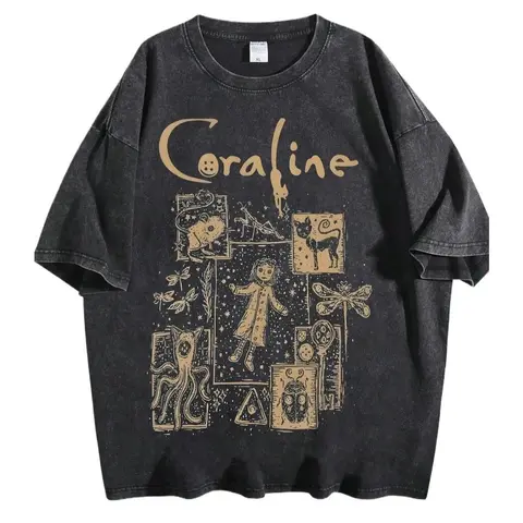 Men's Retro Washed Black Loose Fit Tshirt - Menswear, Vintage Dark Fairy Tale Graphic Print, Casual Round Neck Short Sleeve, Goth Alt Casual Fashion Tee, Trending Clothes, Vintage Pulp Style Top