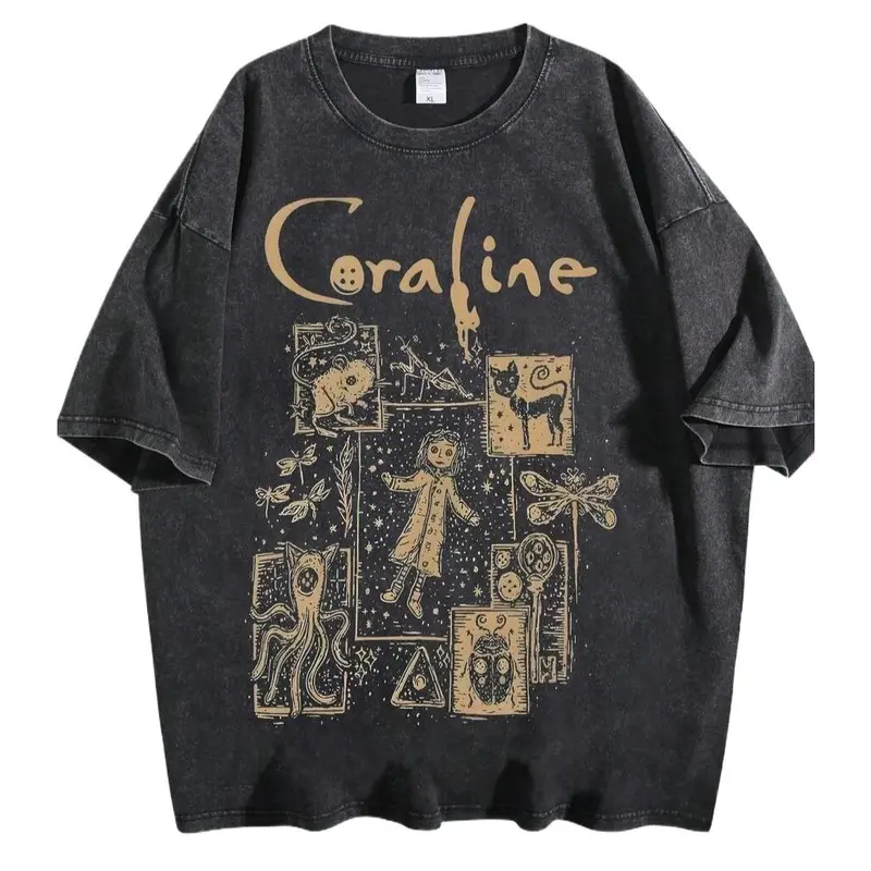Men's Retro Washed Black Loose Fit Tshirt - Menswear, Vintage Dark Fairy Tale Graphic Print, Casual Round Neck Short Sleeve, Goth Alt Casual Fashion Tee, Trending Clothes, Vintage Pulp Style Top
