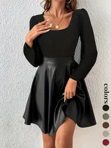 New European Style Casual Women's Patchwork A-Line Dress, Elegant Long Sleeve Maxi Dress, Perfect for Spring & Fall Seasons