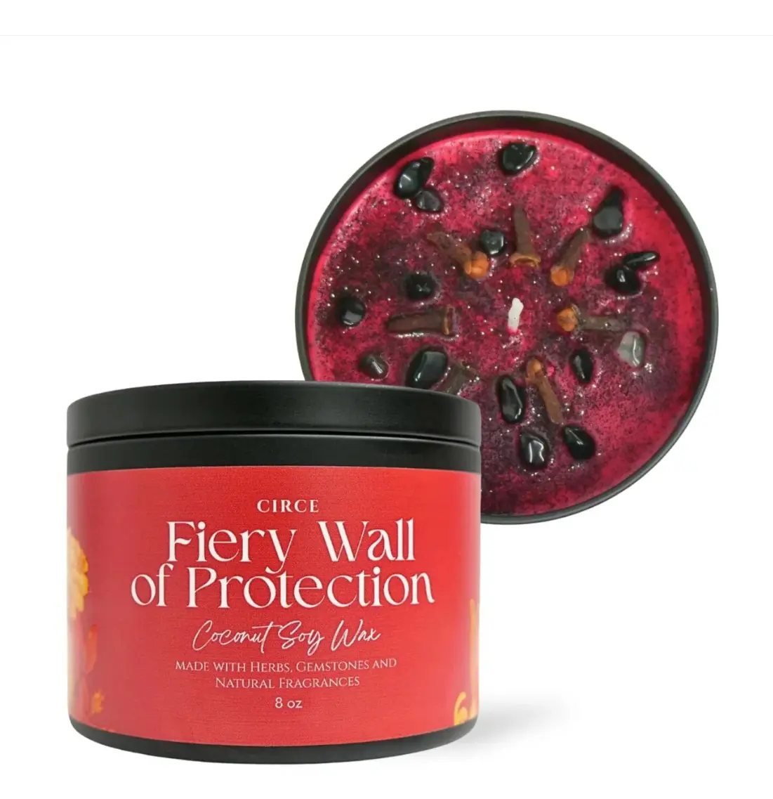Circe Boutique Fiery Wall of Protection Spell Candle 8 oz | Black Obsidian Crystal & Clove Herb Infused Ritual Candle | Cedarwood Scented Coconut Soy Wax, Cotton Wick, 50-Hour Burn