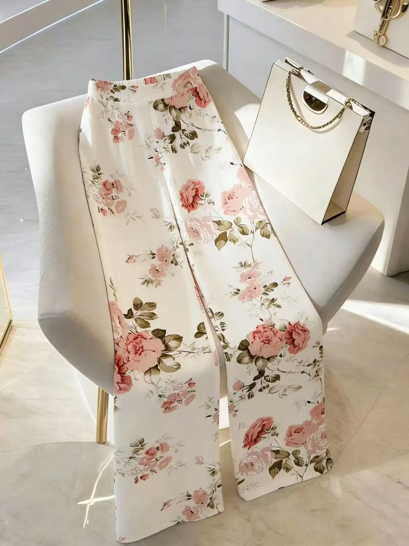 Women's French Vintage Floral High Waist Wide Leg Trousers High Rise Summer Palazzo Pants Wide Legged Pants, Slimming Fit, Perfect for Beach Vacation, Date Night, Office Commute, Daily Casual Wear