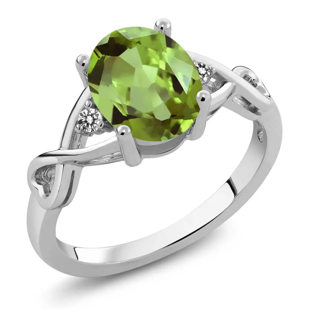 1.86 Cttw Green Peridot and White Diamond 3-Stone Ring For Women | 925 Sterling Silver | Gemstone Birthstone | Three Stone Wedding Engagement Anniversary Promise Ring