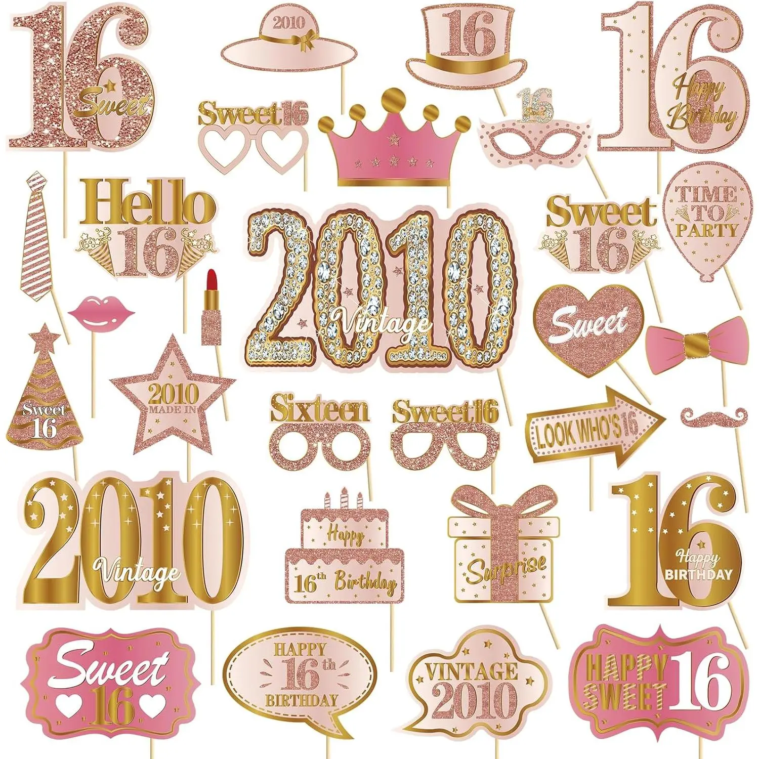 30 count 16th Birthday Photo Booth Props for Girls Women,  Rose   2010 16 Birthday Selfie Props Kit with Sticks Party Supplies Favors, Sixteen Bday Photo Props Decor
