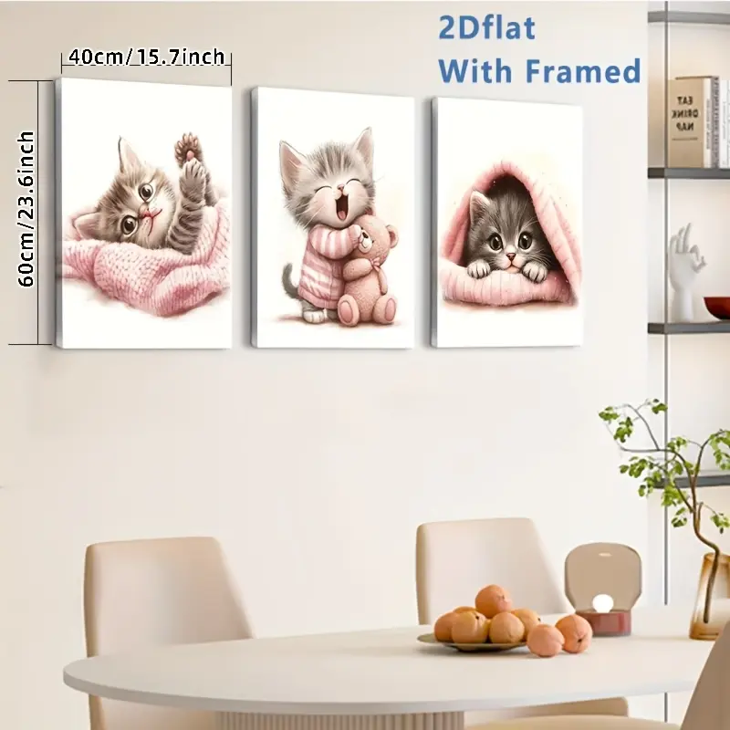 2D Flat, framed, three-piece wooden frame canvas painting Wall décor, sleeping cat print, keyword pink cat art, cute cartoon cat decorative painting, girls' room decoration, girls' gift, suitable for home wall decoration