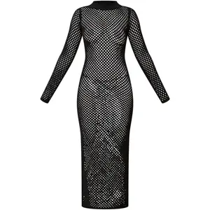 PLT Black Open Knit Long Sleeve Midaxi Dress - Small- Perfect for Heeled Mules & Simple Accessories Bodycon Maxi Dress