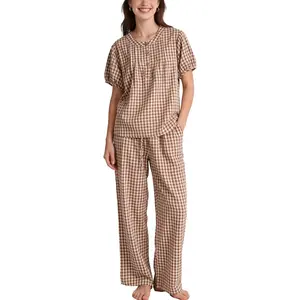 Women's 2-Piece Gingham Pajama Set - Puff Shortsleeve Henley Top, Wide Leg Pants, Cute Babydoll Nightwear for Casual Loungewear