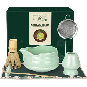 Matcha Whisk Set: 7 count Ceramic Matcha Set with Bowl, Whisk, Holder, Scoop, Sifter, Rest & Towel -  Matcha Kit  (Green)