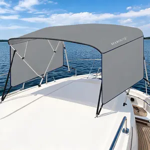 4-bow bimini top with heavy-duty 600D PU-coated canvas, 8 feet long by 54 inches high. Fits boats 79 to 84 inches wide. 1-inch aluminum alloy frame with adjustable rear support poles and zippered storage boot. Light gray.