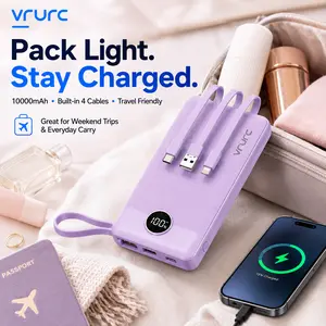 VRURC 10000mAh Portable Power Bank with 4 Built-in Cables, Battery Pack with LED Display, USB-C & Micro USB Rechargeable, Travel Charger for iPhone, Android, iPad, Tablet, Earbuds  #Summervibes