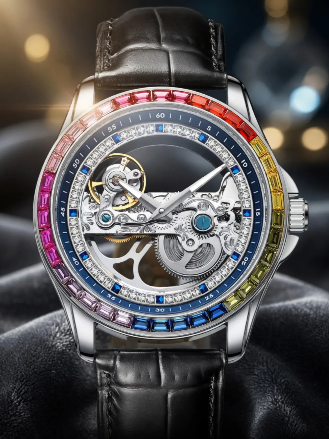 Father's Day Luxury Gift, Rainbow Diamond Men's Mechanical Watch, Transparent Dial, Leather Strap, Waterproof, Durable, Elegant Style, Fashionable Stylish Watch, Analog Mechanical Watches