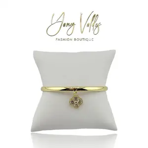 Gold Plated Bangle Bracelet with Heart or Clover Pendant Adjustable Open Size