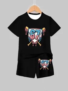 Trendy Boys Short Sleeve Baseball Set with Random Paint Print, Casual Fitted Tee and Shorts for Active Kids, Stylish Sportswear for Boys, Outfit