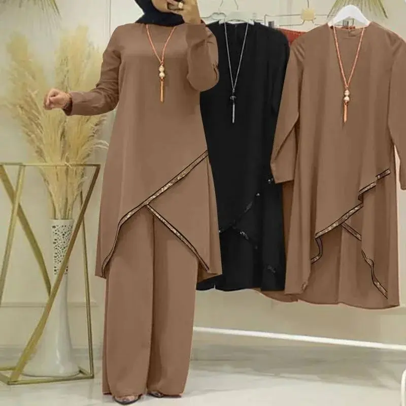 Women Eid Musulman Ensemble Muslim Sets Solid Blouses Wide Leg Pants Ramadan Morocco Two Pieces Dubai Kaftan Loose Modest Can be used with a raincoat