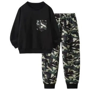 2-piece boy spring printed round neck fashion jacket elastic waist casual camouflage pants 3-12 years old children comfortable outdoor durable children's wear