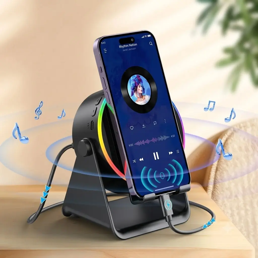 Cellphone Holder 5in1 3500mAh Rechargeable Emergency Power Bank 360° Adjustable Mobile Tablet Stand with Colorful Ambient Light Portable Wireless Party Speaker for Men and Women