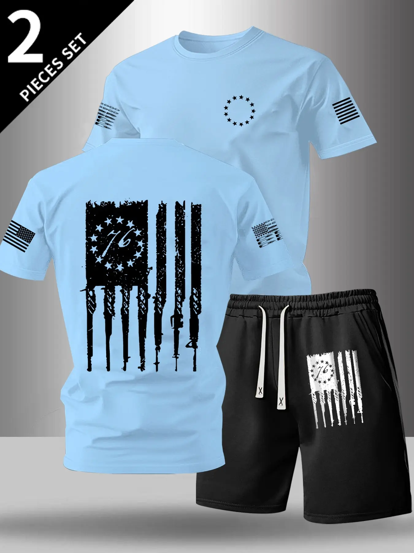 Men's Military Style Classic Cartoon Print T-Shirt & Drawstring Shorts Set, Casual Loose-Fitting Baggy Round Neck Short Sleeve, Patriotic Streetwear Outfit, Menswear