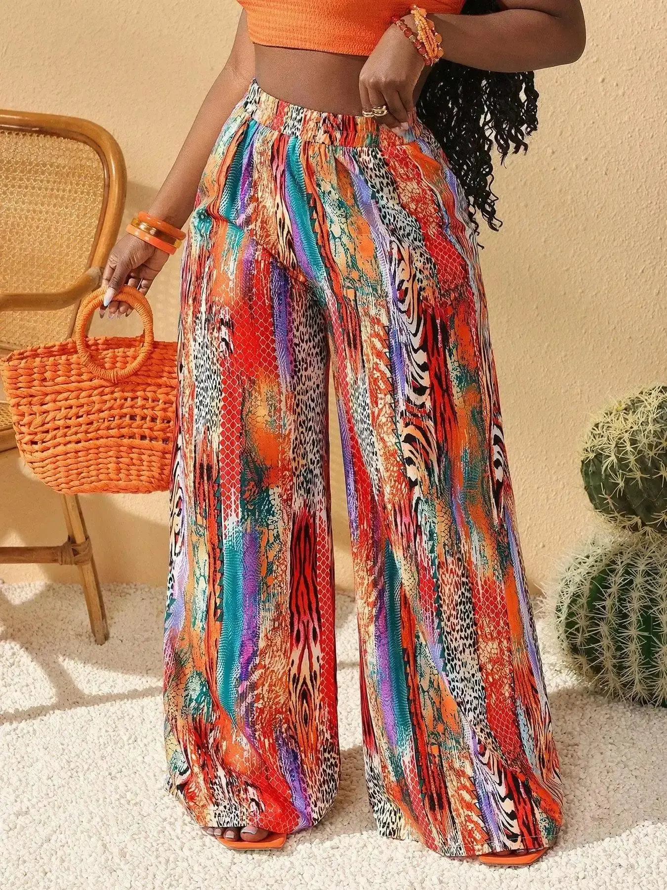[Plus Size] All Over Print Wide Leg Trousers, Boho Fashion Trousers, Boho Casual Pants for Daily Holiday Vacation Wear, Women's Bottoms for All Seasons