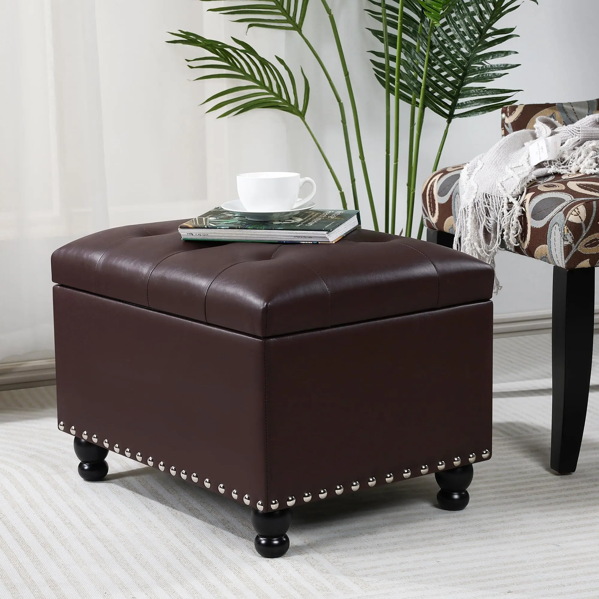 Faux Leather Storage Ottoman with Safety Hinge & Nailhead Trim, 23.4 Inch Tufted Footrest for Entryway & Living Room