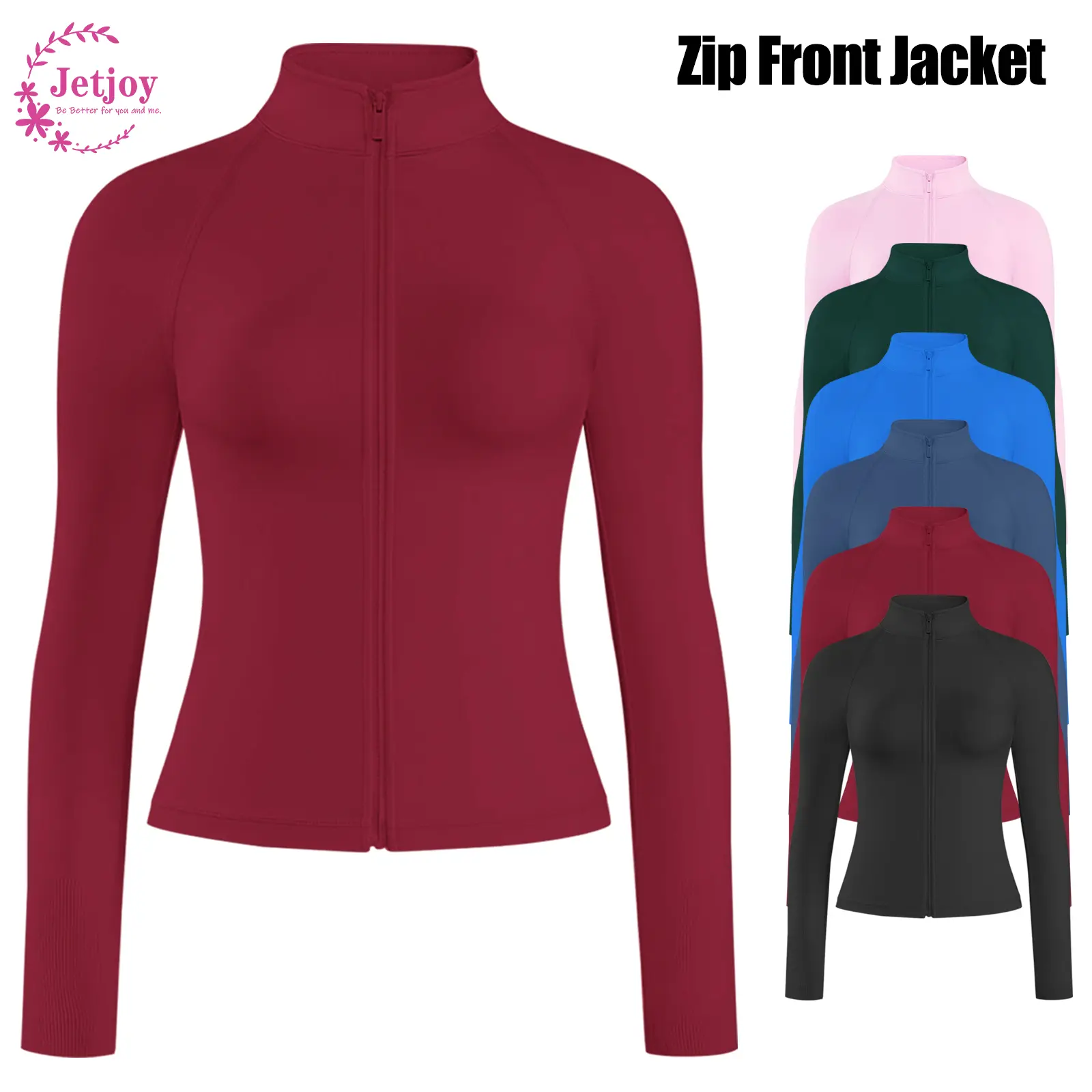 Jetjoy Women's Slim-Fit Nylon Blend Athletic Wear Cropped Track Jacket - Zip-Up, Lightweight, Stretchy, with Thumbholes for Gym/Running Yoga, Cropped Length
