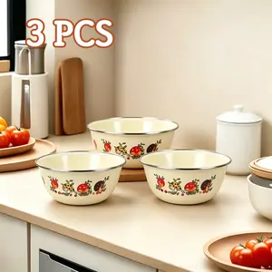 3-Pack Vintage Floral Enamel Bowls - Retro Childhood Vibe, Lightweight, Shatterproof for Picnics & Outdoor Meals, Bowl