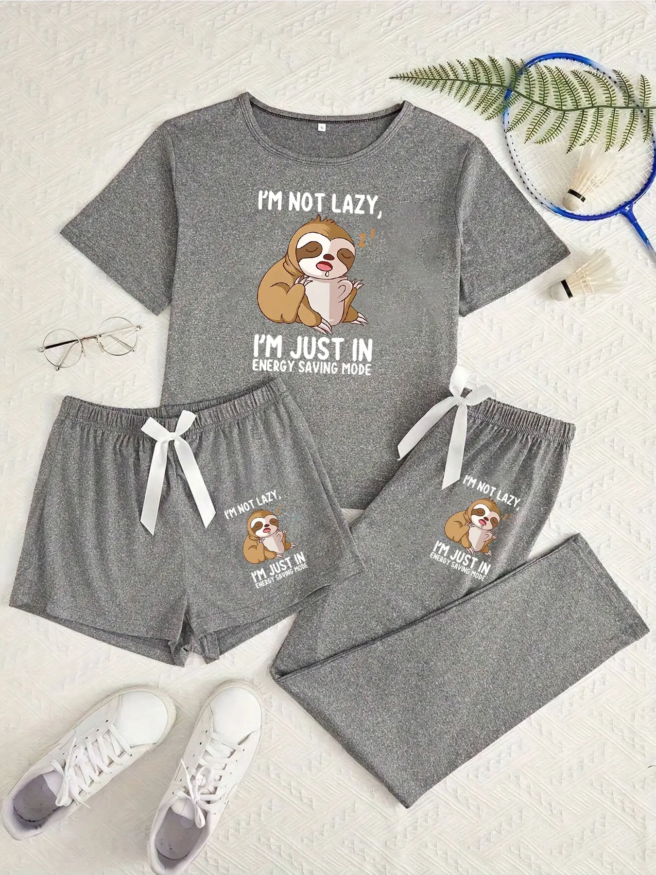 Cute Sloth Three-Piece Pajama Set, Cartoon Pattern, Loose-Fitting, Casual Style, All Seasons, Comfortable Sleepwear for Adults, Homewear, Loungewear