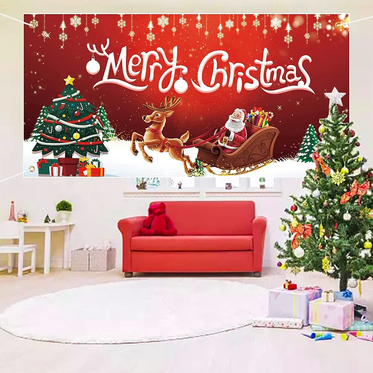 Cute Santa Christmas Flag for Outdoor Indoor Use, Large Merry Christmas Banner and Christmas Tree Printed Garden Yard Decor for Winter Holiday