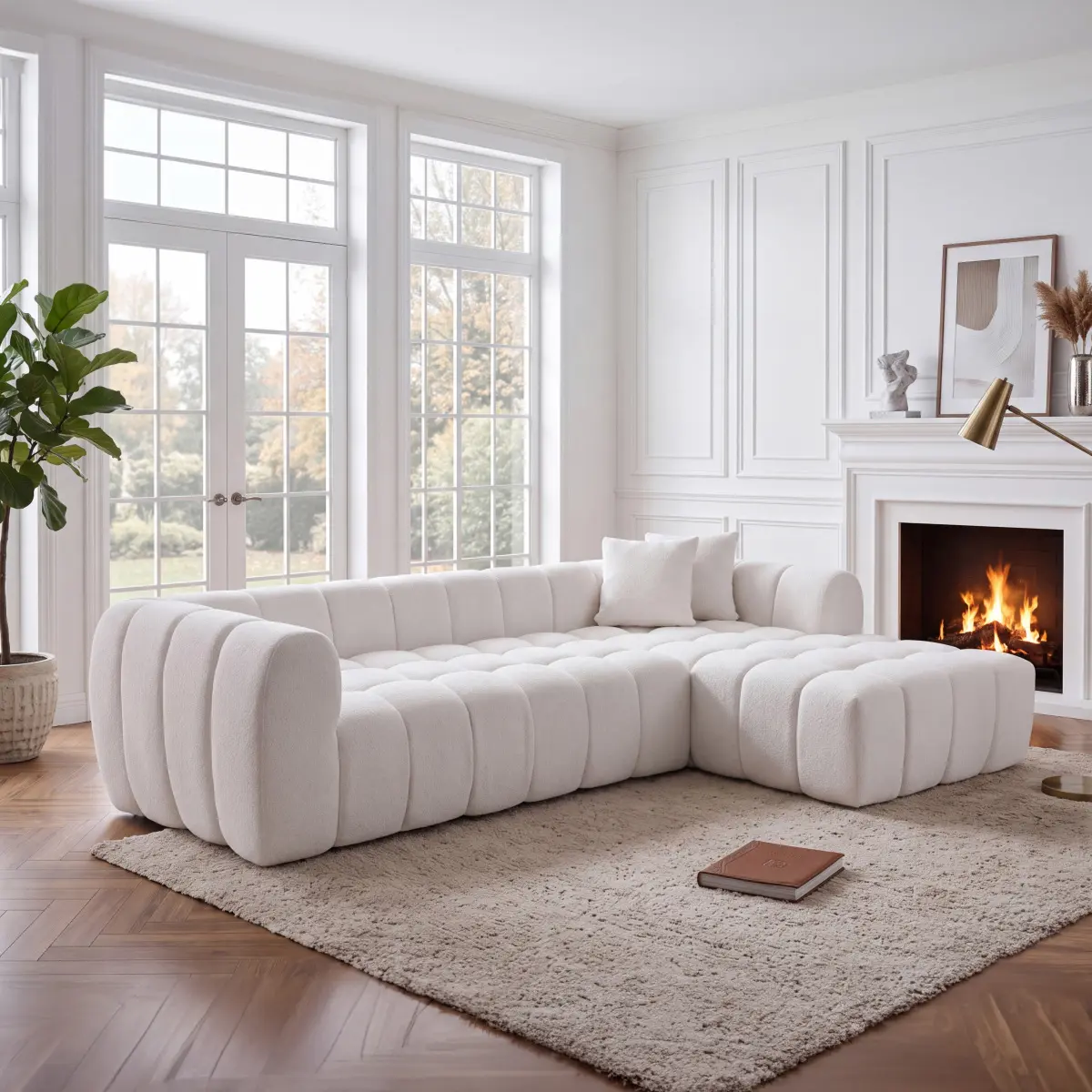 111.3" White L-Shaped Modular Sectional Sofa, Bubble Cloud Couch with Plush Bouclé Teddy Fabric, Tufted Cushions and Pillows, High-Density Compressed Foam, Boneless Corner Sofa, No Assembly Required, Expands Within 48–72 Hours for Living Room