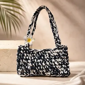 Chunky Crochet Shoulder Bag Navy and White - Stylish Handcrafted Design for Everyday Use