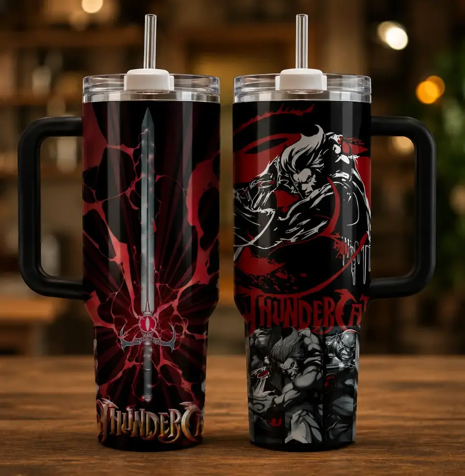 [Gift Box & Straw] Retro ThunderCats 20oz Skinny & 40oz Handle Tumbler, Red Black Warrior Cat Stainless Steel Vacuum Insulated Coffee Cup, Hot & Cold Travel Mug, Classic Cartoon Fan Gift