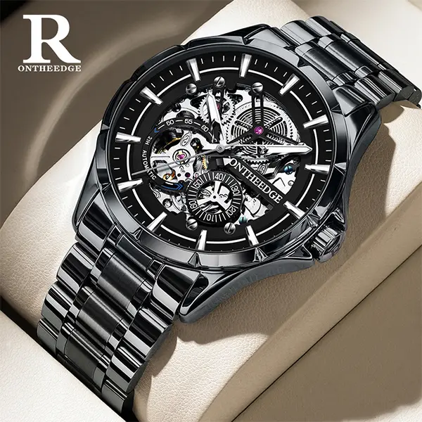 ONTHEEDGE Men's Automatic Skeleton Watch Luxury Mechanical Movement, Open Heart Dial, Stainless Steel Band, Premium Men's Dress Watch