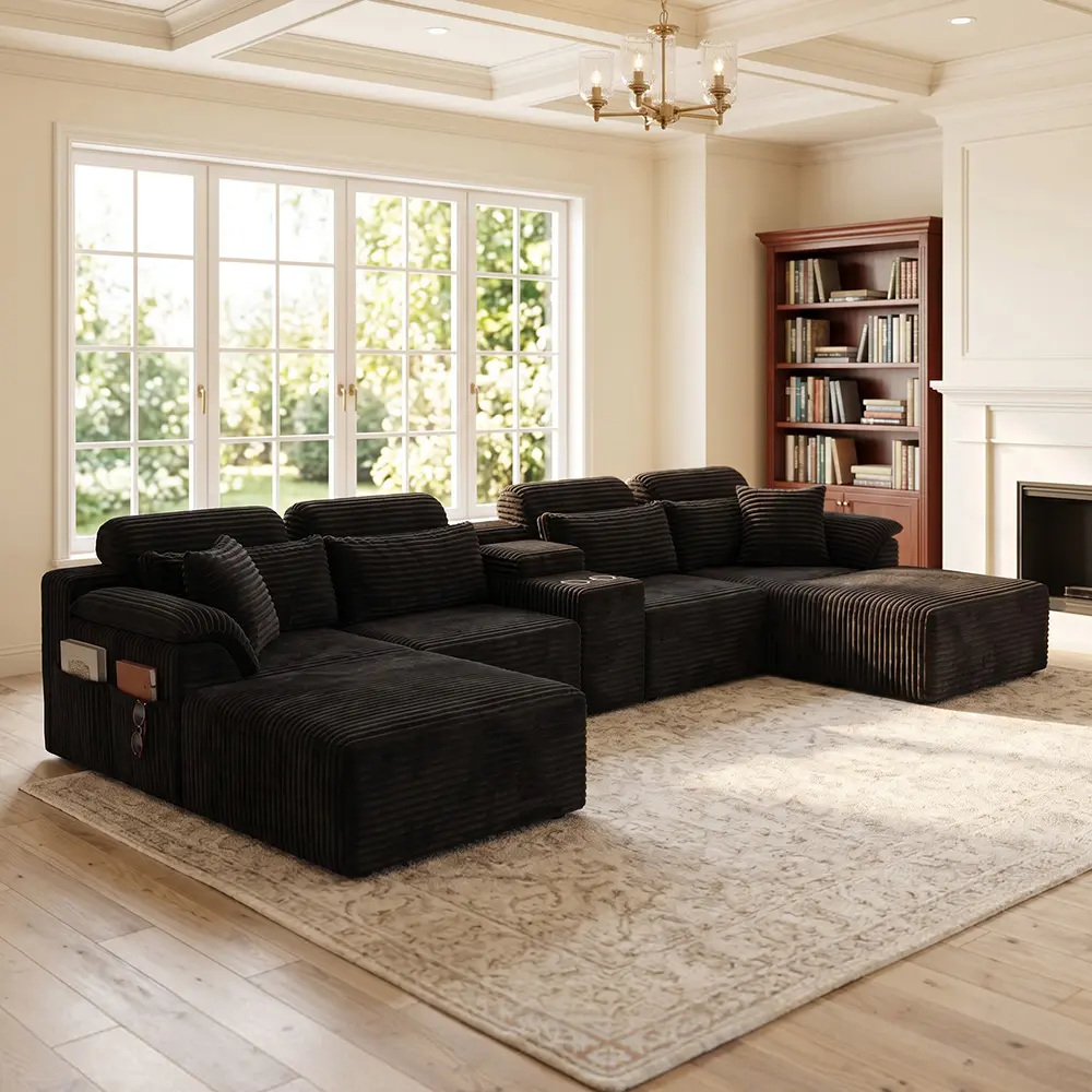 147 Inch Oversized U-Shaped Modular Sectional Sofa, Boneless Vacuum Compressed No Assembly Corduroy Couch With Cup Holders & Storage Pockets, 4 Layout Convertible Sofa For Apartment Studio Rental Large Living Room