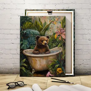Wooden Framed Canvas Painting, Cute Bear in Forest Bath Poster, Modern Art, Fashion Decoration, Living Room Bedroom Decoration, Office Mural, Ornaments