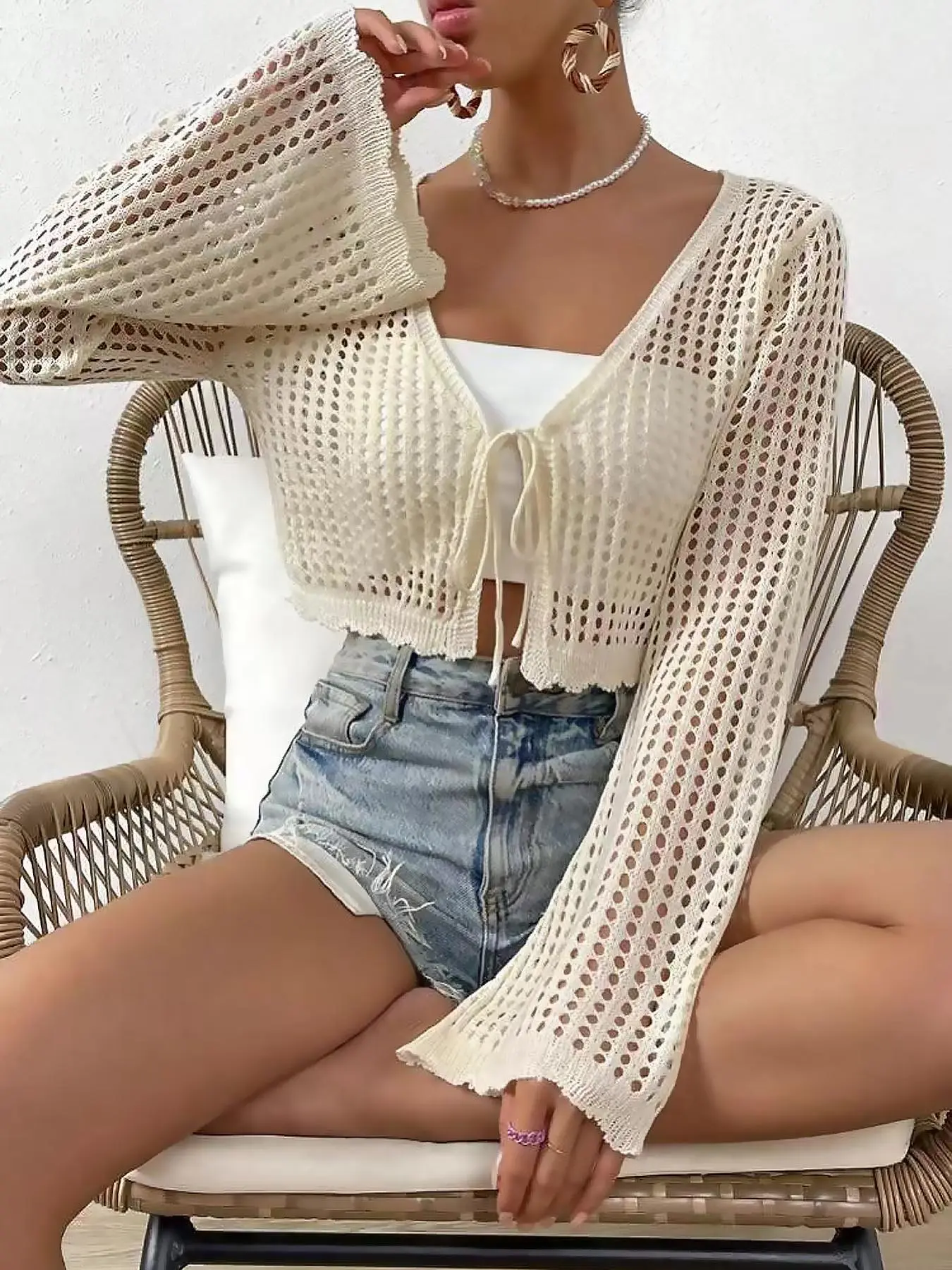 [Plus Size] Solid Hollow Out Tie Front Adjustable Flounce Sleeve Short Crop Cardigan, Casual Fit Long Sleeve V Neck Knitwear for Summer, Women's Plus Clothing Tops for Daily Wear, Womenswear