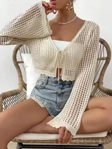 [Plus Size] Solid Hollow Out Tie Front Flounce Sleeve Crop Cardigan, Casual Fit Long Sleeve V Neck Knitwear for Summer, Women's Plus Clothing Tops for Daily Wear, Womenswear