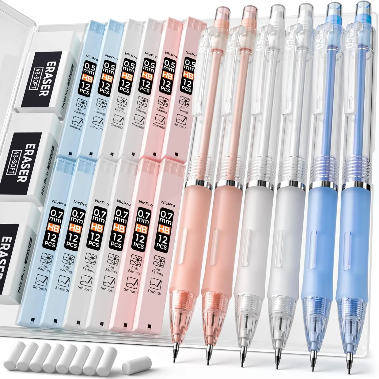 Nicpro Cute Mechanical Pencils Set - 6-Pack (0.5mm/0.7mm, Blue/Pink/White) Cutecore Desk Accessory with Case, 12 Tubes HB Lead Refills, 3 Erasers, 9 Eraser Refills, Flexible Grip, Clip, Smooth-Writing College Study Tool, Office Stationery