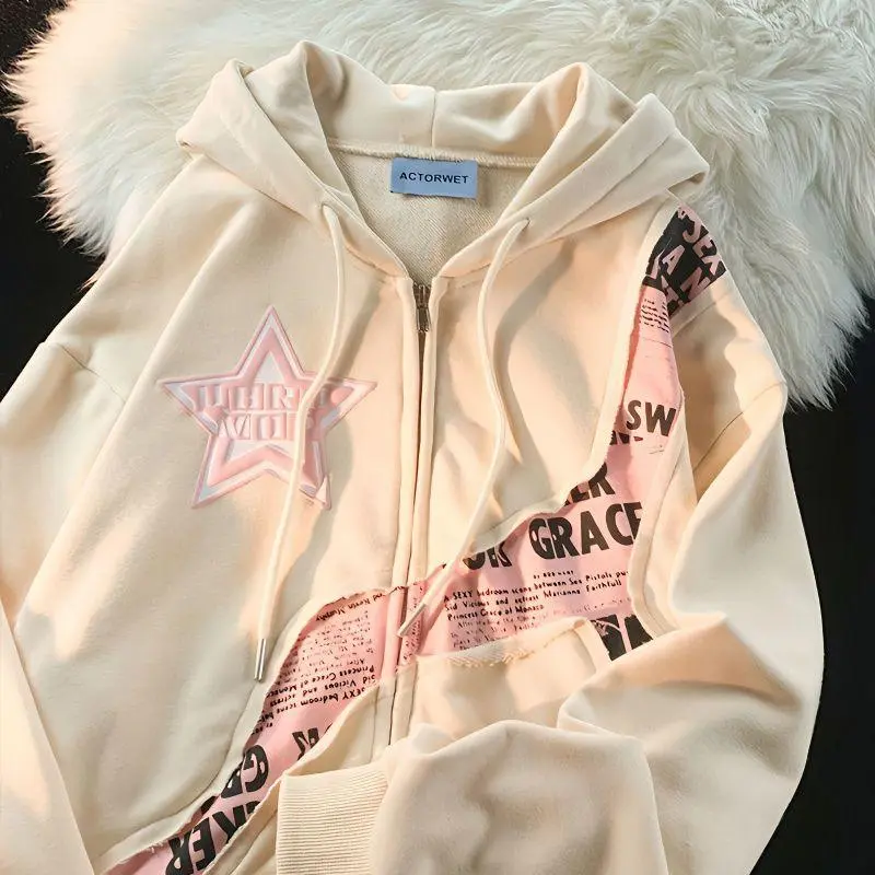 NewStyle Star Letter Print Patchwork Cardigan Sweatshirt Women Loose Versatile Jacket Women's Drop Shoulder Line Print Hoodie Womenswear Tops Long Sleeve Pullover