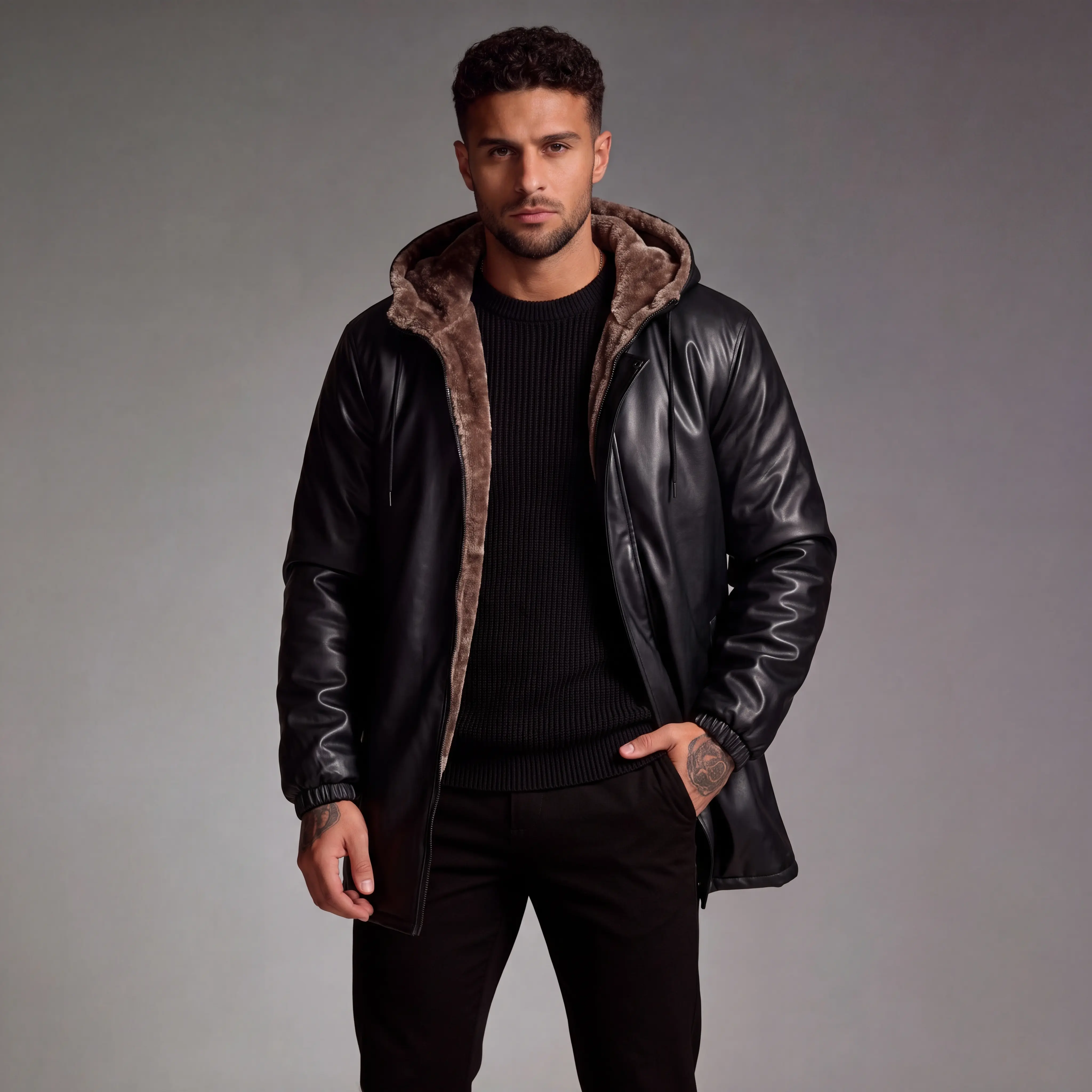 Men's Hooded Jacket, Casual Faux Leather Outerwear for Winter with Fleece Lining, Stylish Plain Long Sleeve and Zipper, Jeans