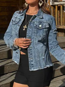 Women's Plain Button Front Raw Hem Denim Jacket, Casual Long Sleeve Collared Pocket Outerwear for Daily Wear, Ladies Clothes for All Seasons