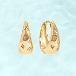 PAVOI Waterproof Chunky Hoop Earrings for Women - 14K Gold Plated Starbust Huggie Hoop Earrings with Cubic Zirconia - Stainless Steel Trendy Summer Jewelry