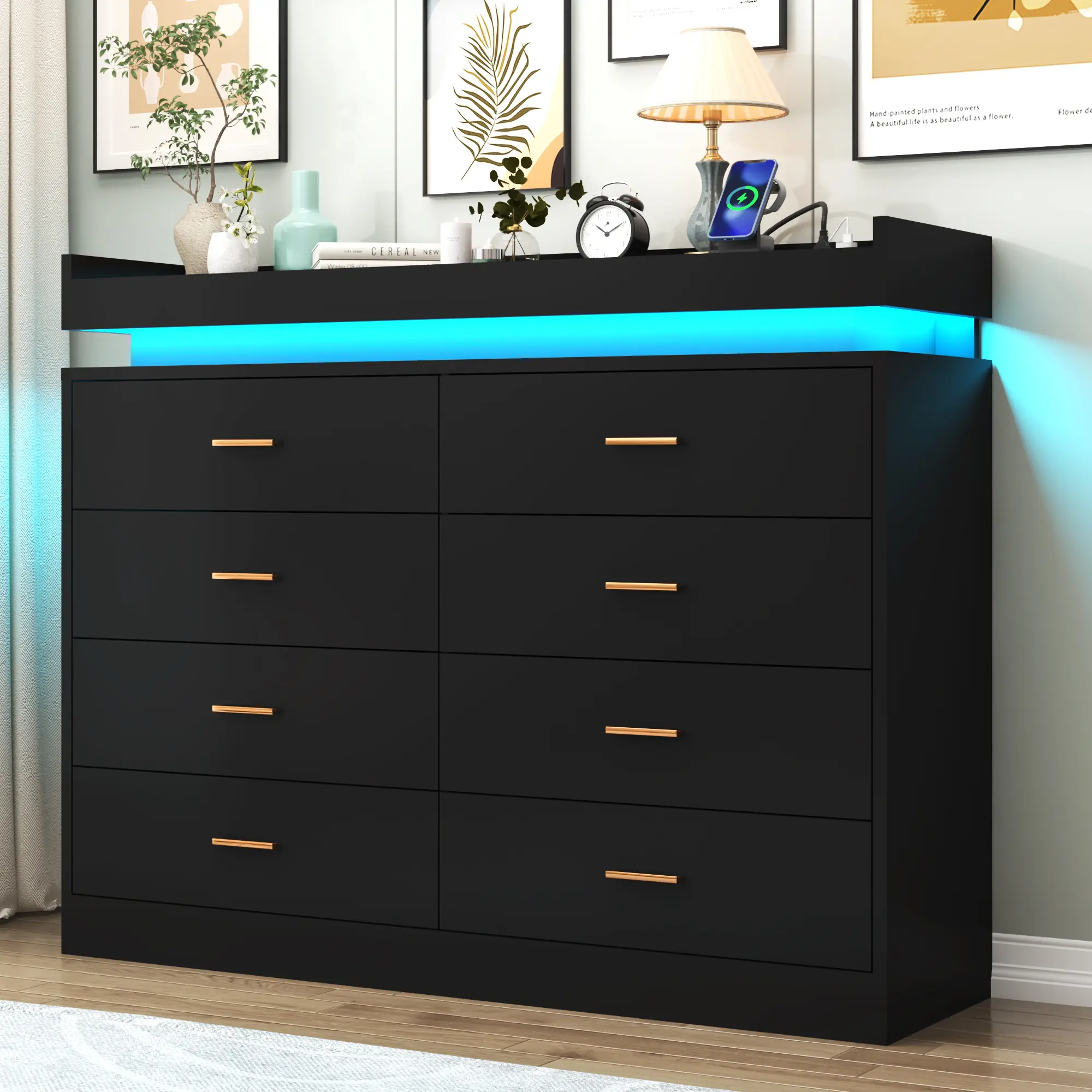 Modern Chest of Drawers Dresser - LED Lighting, Charging Station, Decorative Storage Cupboard Cabinet for Bedroom, Entryway, Dresser For Bedroom