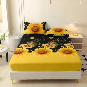 3pcs Sunflower Print Bed Skirt Set, Soft Skin-Friendly, 24h Non-Shift, Easy Care, Deep Pocket Design, All Seasons