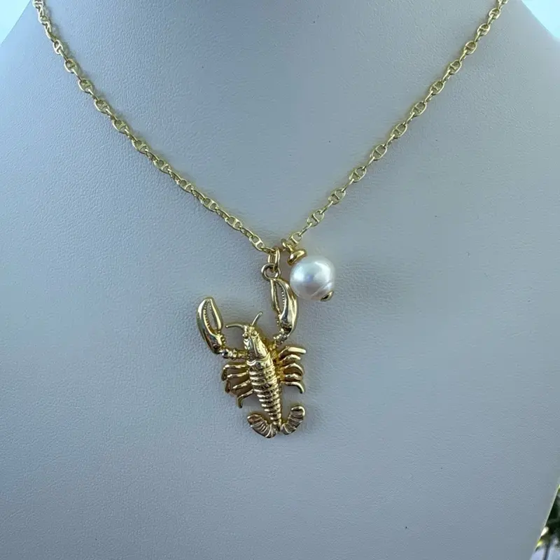 Gold Plated Lobster Charm Necklace with Pearl Pendant, 18” + 2” Extender